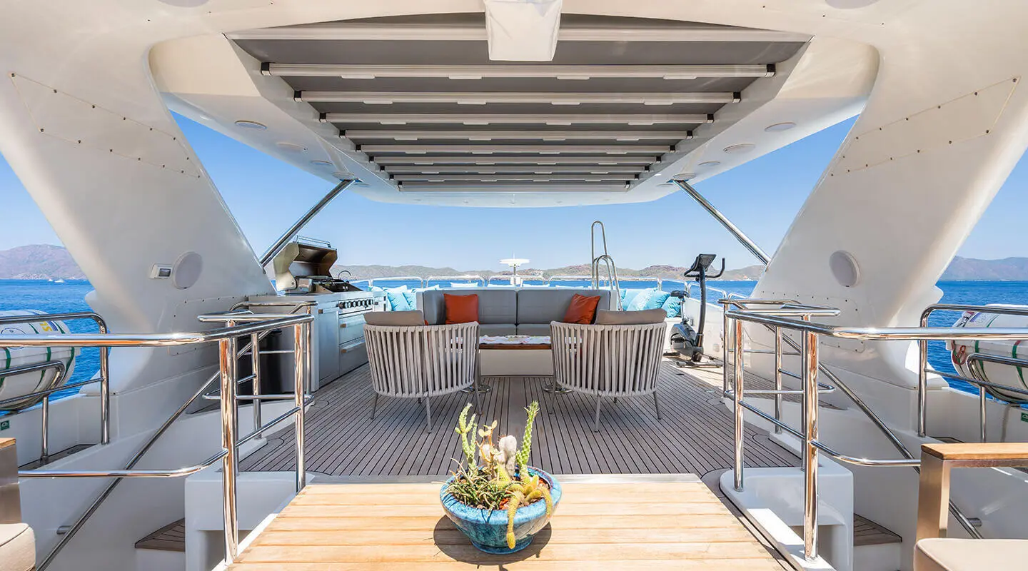 Amadea yacht deck scene with seating, railings, and blue sea background