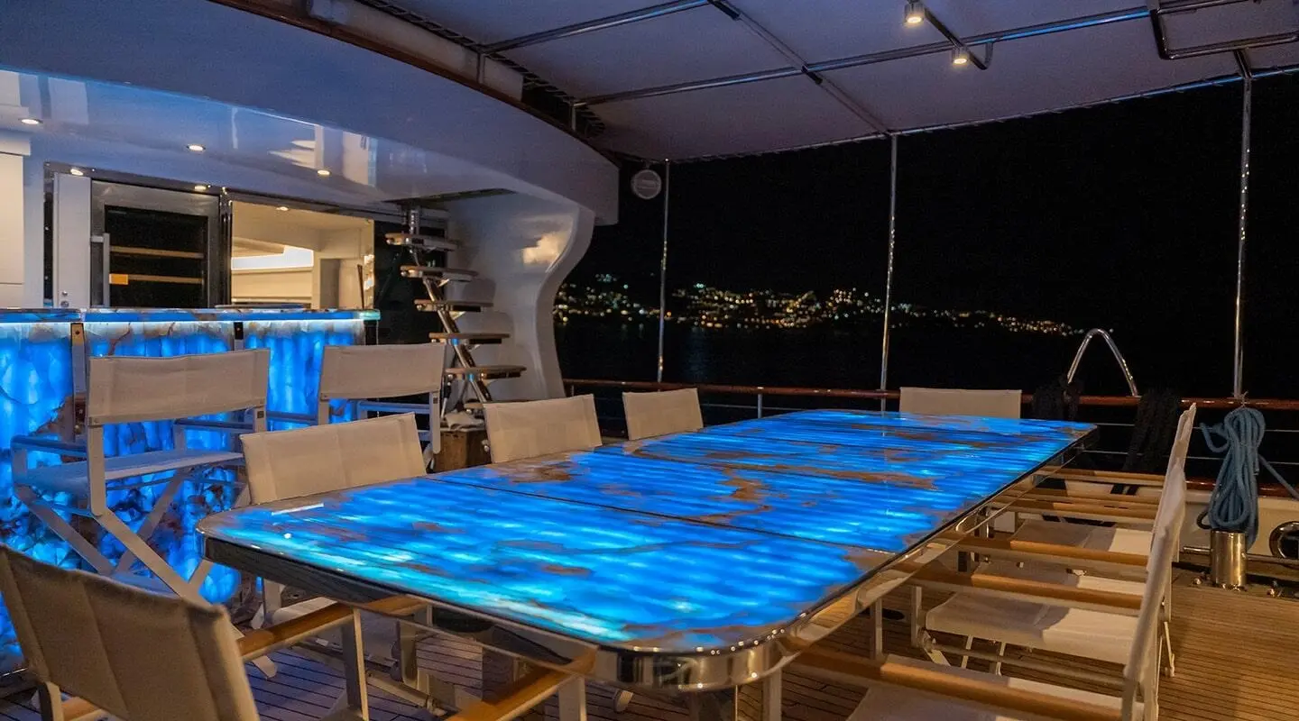 Gulet Double Eagle aft deck illuminated, blue-lit pool and seating under canopy