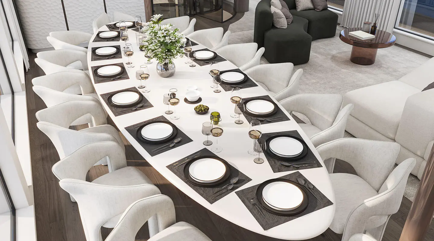 Bello yacht dining table set for sunset on deck with plates and chairs