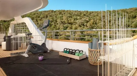 Outdoor deck with gym equipment and kettlebell rack