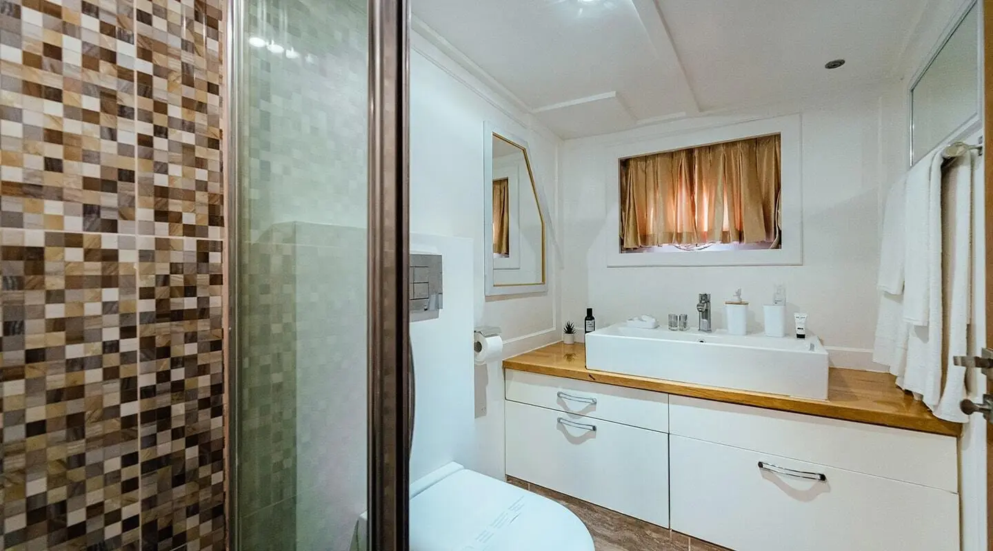 Bathroom aboard yacht Maske, white cabinetry and helm area visible