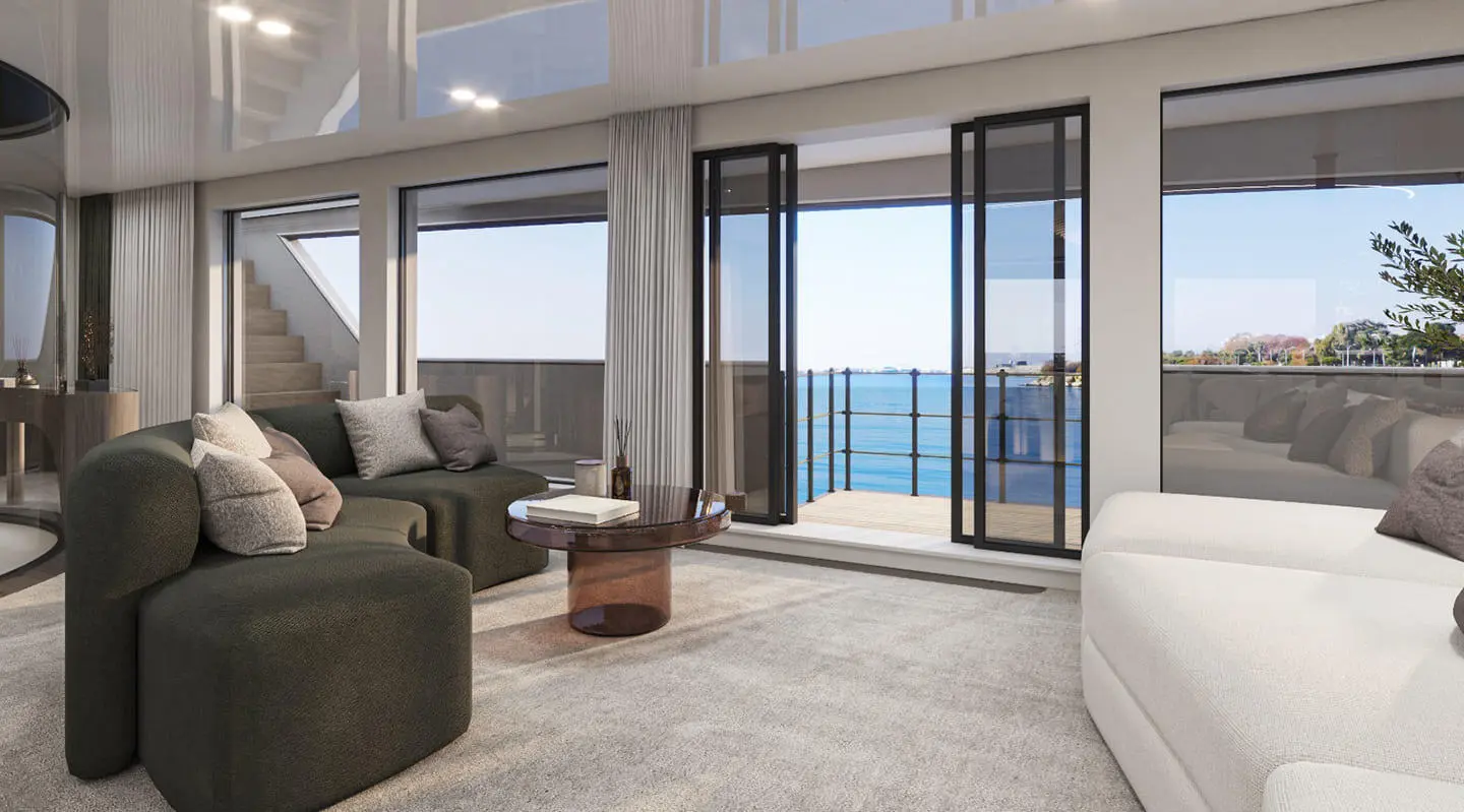 Luxurious interior of Bello yacht living area with view of sea through windows