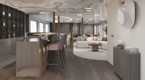 Yacht Bello exterior with sleek white hull and spacious deck seating area
