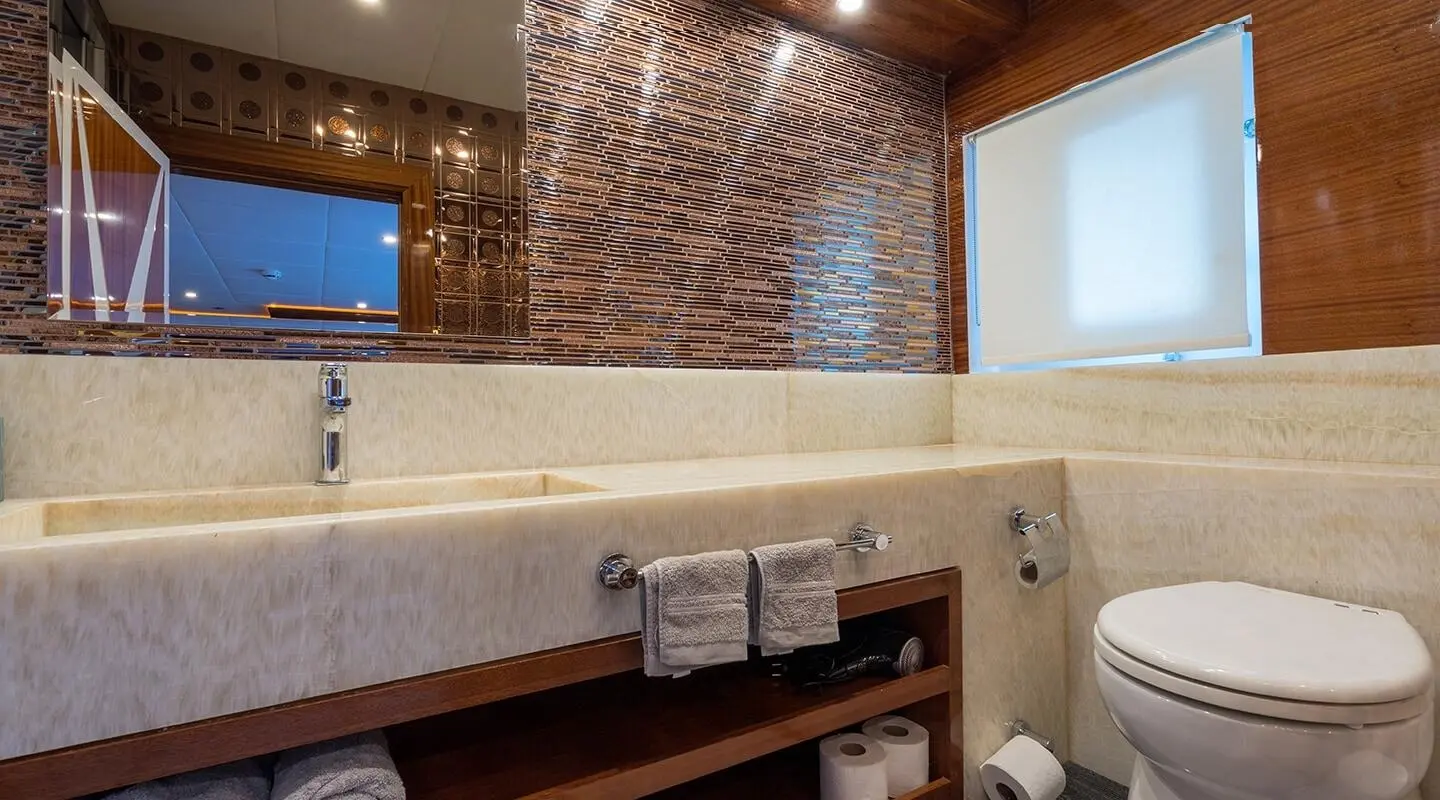 Indoor bathroom with sink, mirror, toilet and tiled walls
