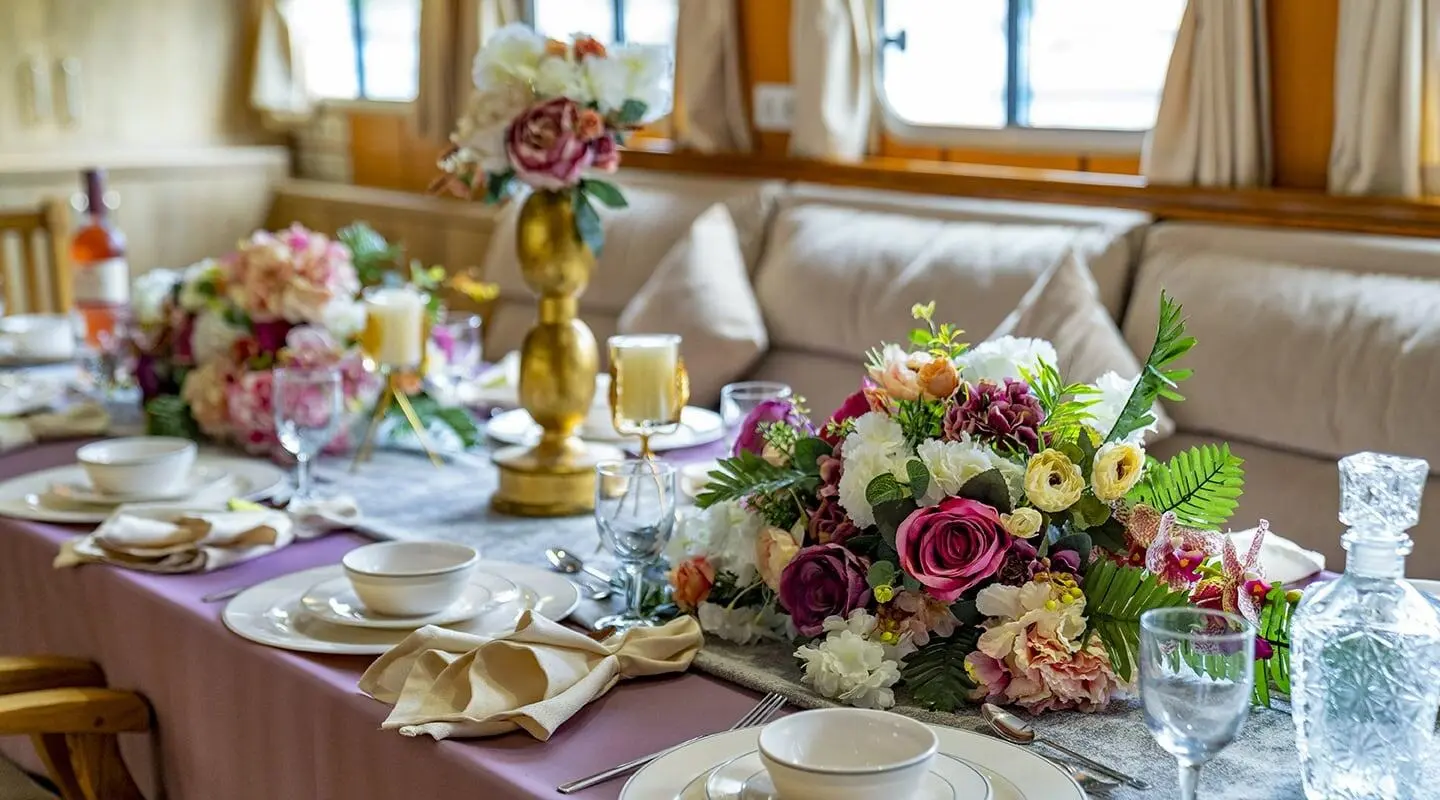 Tersane 8 luxury gulet dining setup aboard with vibrant floral centerpiece at sunset
