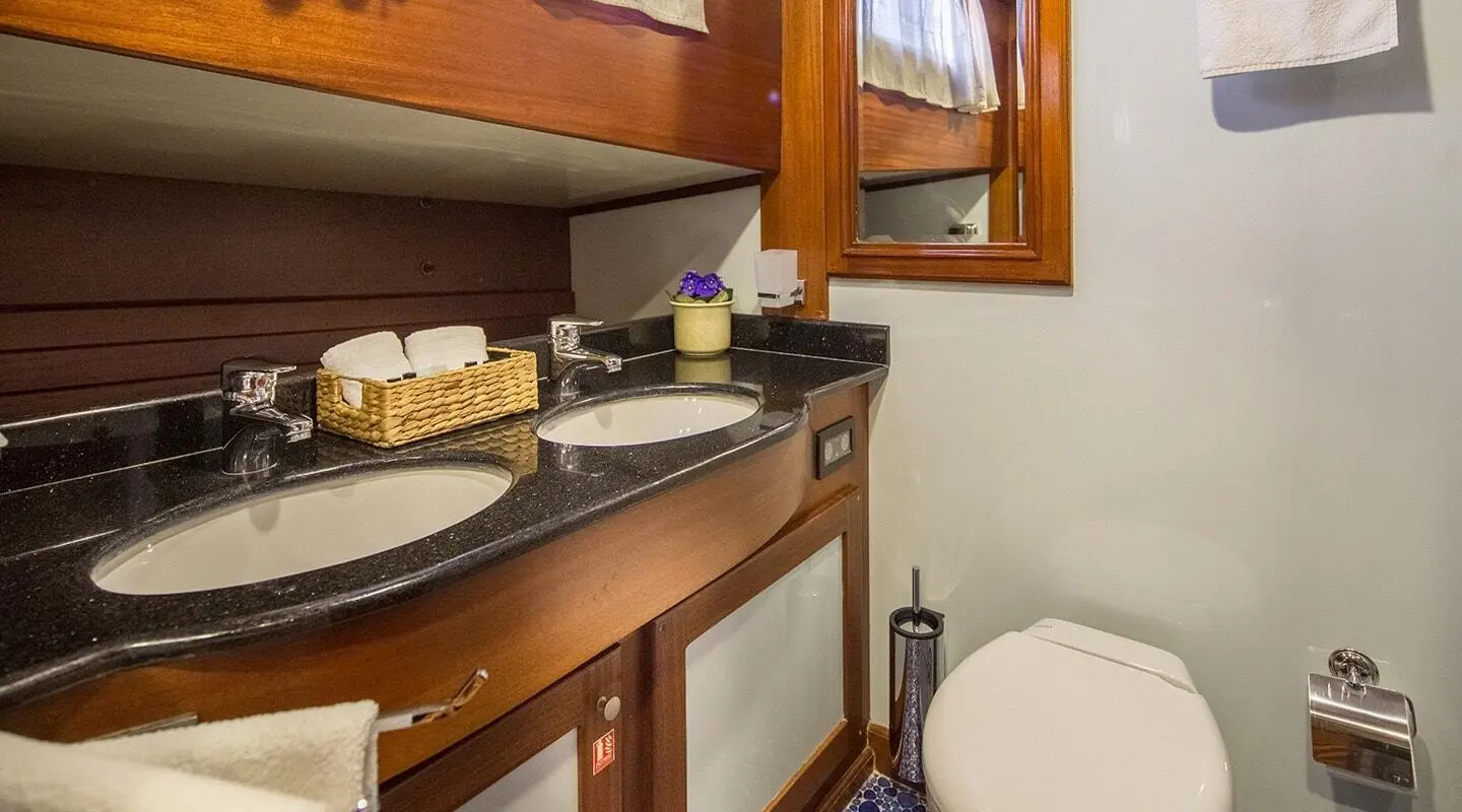 Bathroom on Carpe Diem 7 gulet with wooden vanity and mirror