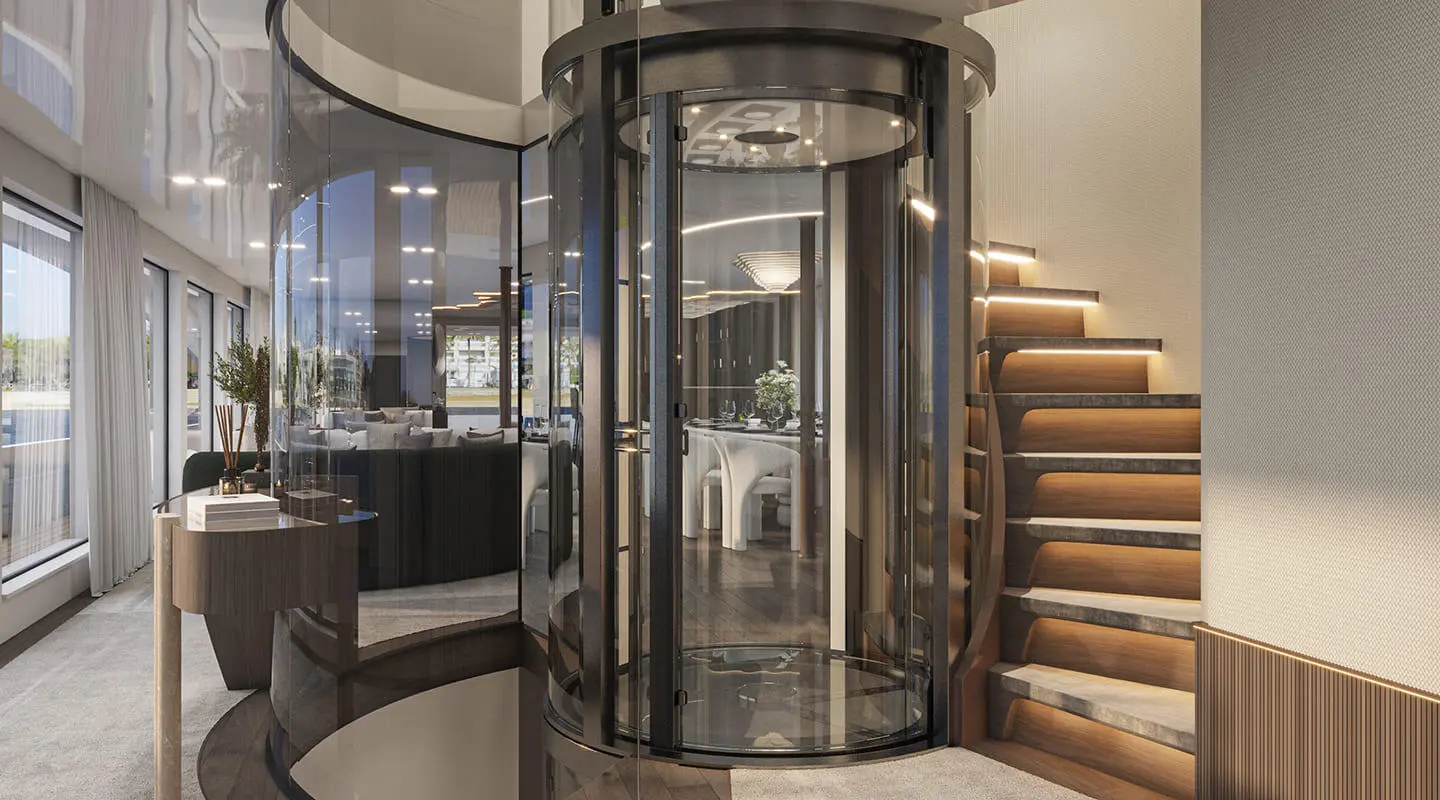 Bello luxury yacht deck scene with glass elevator and curved staircase