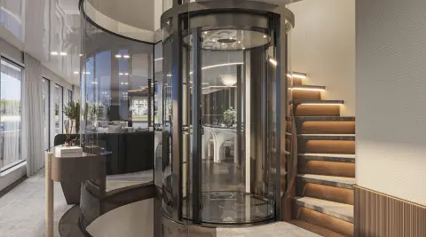 Bello luxury yacht deck scene with glass elevator and curved staircase