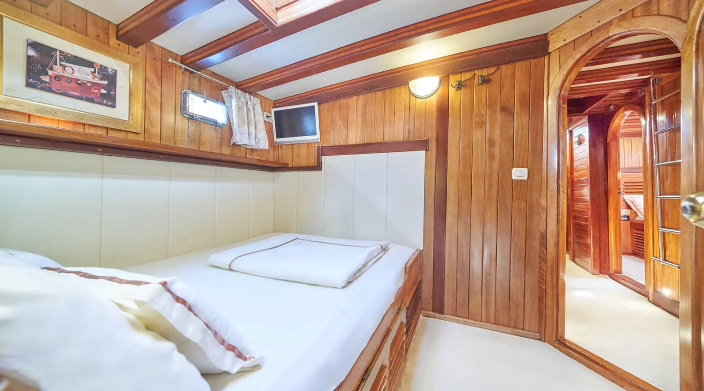 Wood-paneled cabin with a double bed, pillows and blanket visible