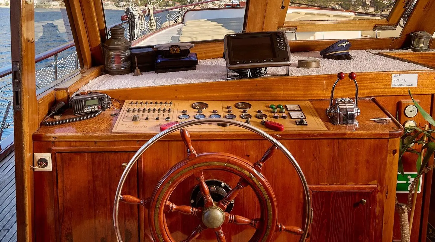 View from the wheelhouse of Linda yacht gulet, wooden helm and wheel