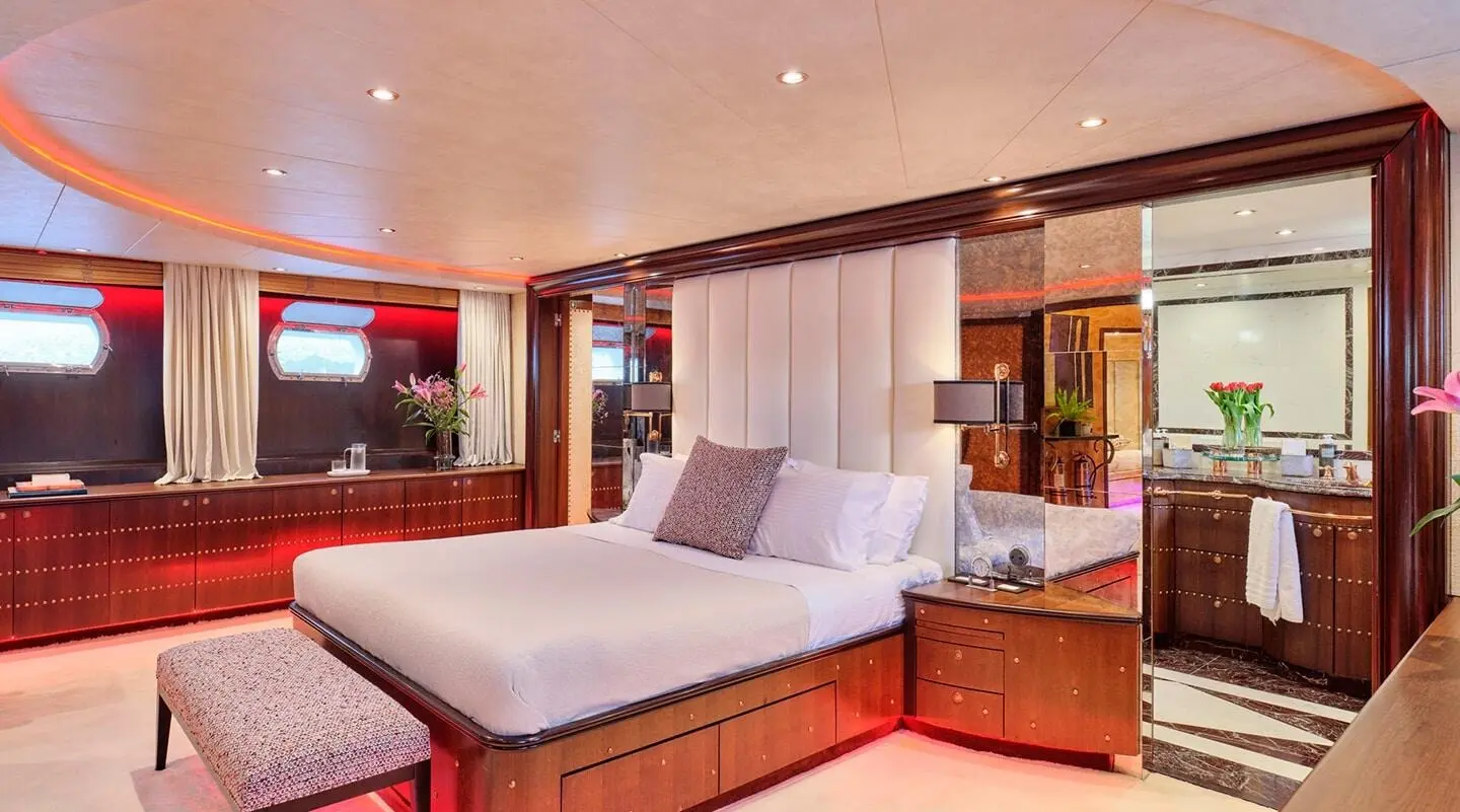 Mobius luxury motor yacht bedroom interior with bed and pillows