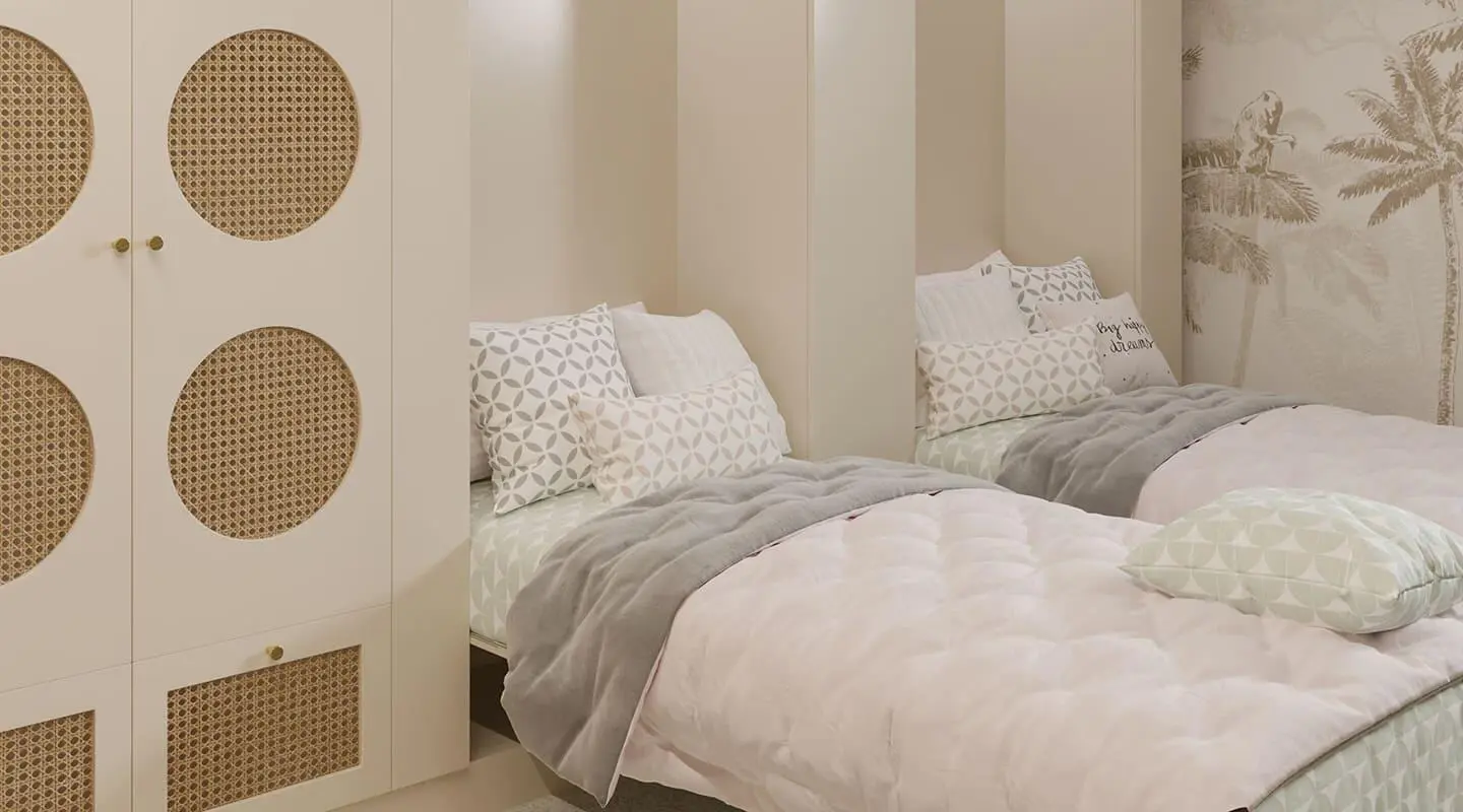 Bello yacht children's bunk bed room with white bedding and cushions