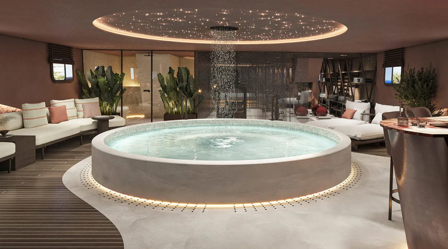 Bello yacht deck with round hot tub, lounge seating and glass doors