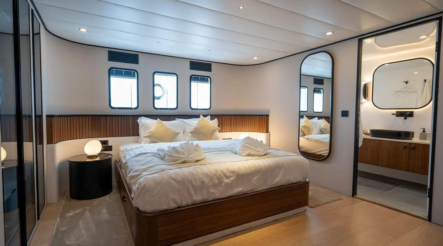 Luxurious yacht bedroom on De Love with large bed and soft lighting