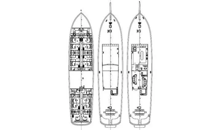 Gulet Tersane 8 cabin layout seen from above with deck and cabins