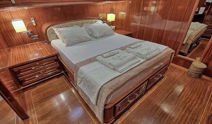 Lycian Queen yacht cabin with double bed, king size, wooden panels
