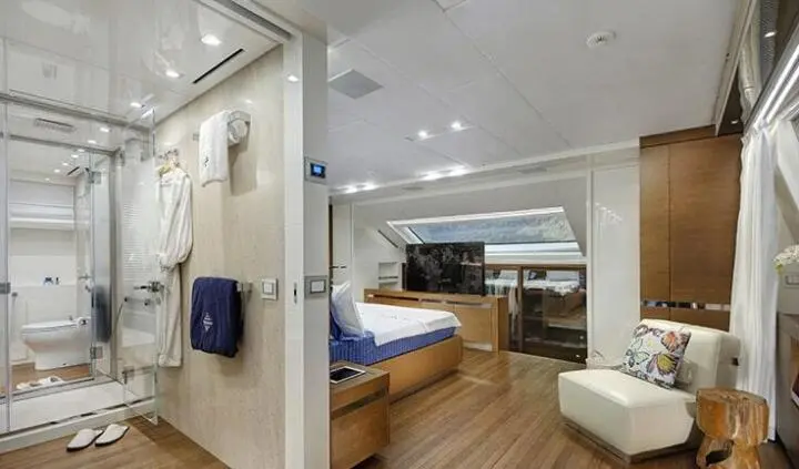 Morning Star master cabin with king bed, ensuite visible, contemporary yacht interior