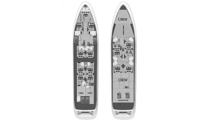 Two gray yachts side by side deck view showing cabins and layouts