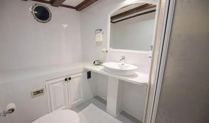 Master cabin with king bed, ensuite bathroom, white cabinetry and mirror