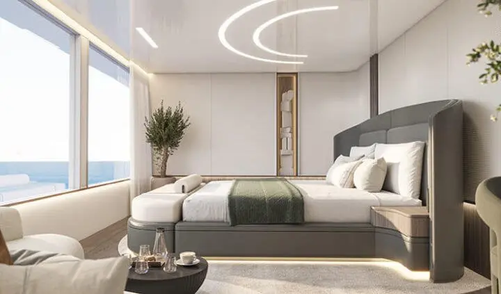 Master cabin with king bed, ensuite, modern decor and soft lighting