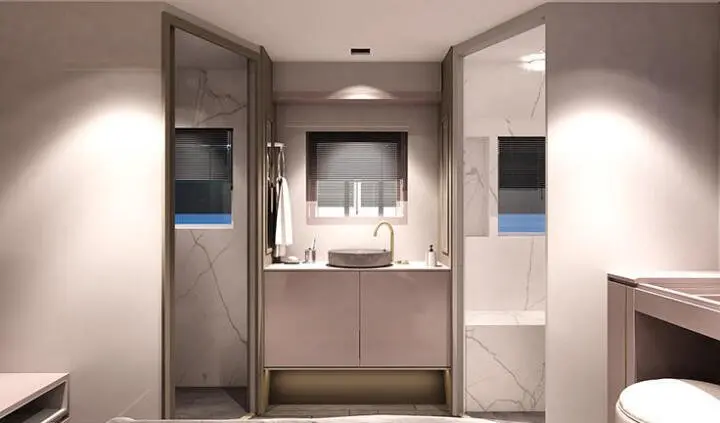 Master cabin with king bed, ensuite, wood tones, soft lighting, storage cabinets