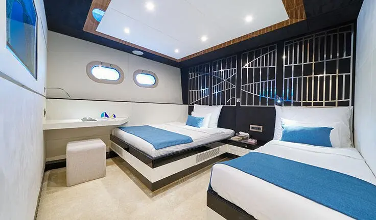 Master cabin with king bed, ensuite, blue and white bedding, wood accents