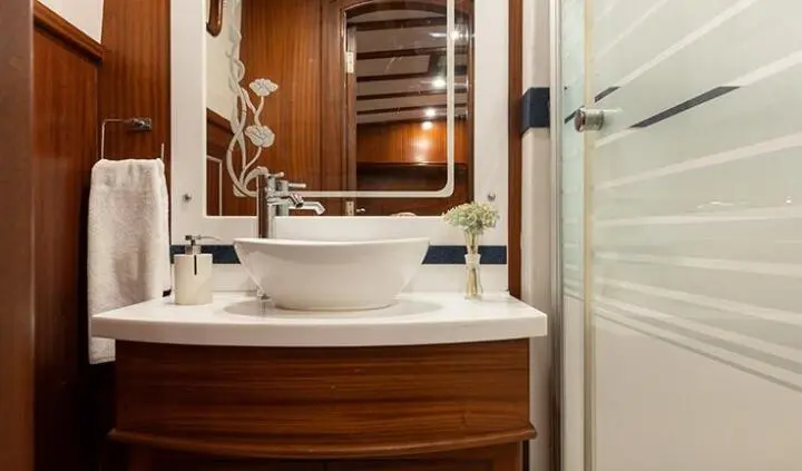 Master cabin with king bed, ensuite bathroom, wooden cabinetry and mirror