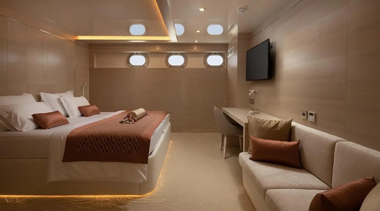 Love Story yacht interior with bed, seating area, warm lighting, and TV