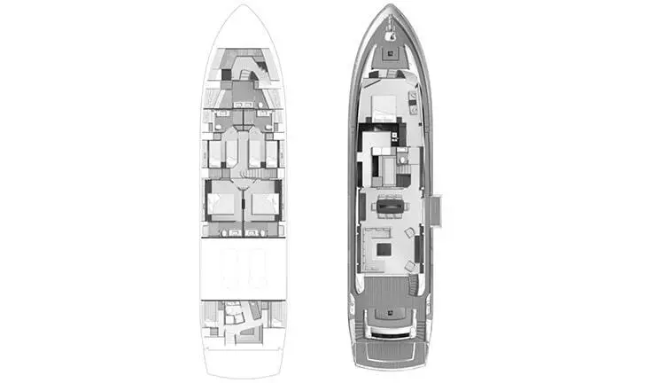 Top-down and cabin view of Quantum yacht interior with bed and ensuite layout