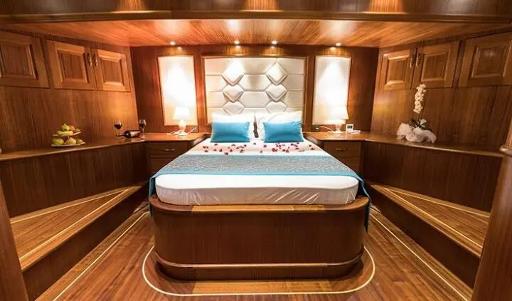 Master cabin with king bed, upholstered headboard, and ensuite visible