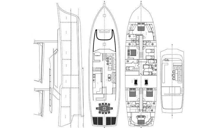 Master cabin with king bed and ensuite on Virtuoso yacht, top view