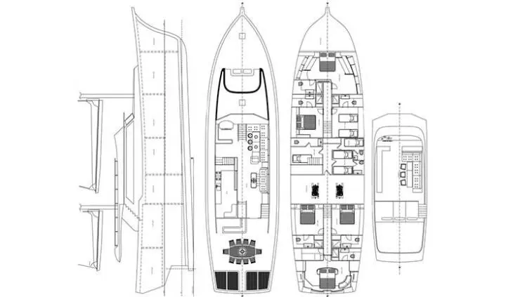 Master cabin with king bed and ensuite on Virtuoso yacht, top view