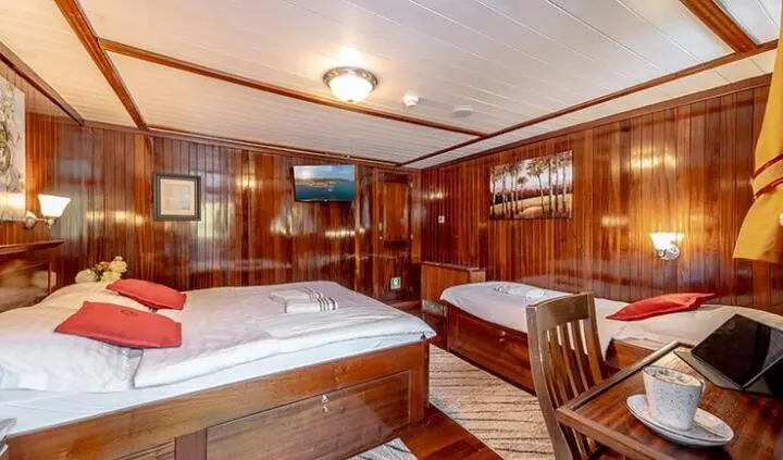 Cesarica cabin interior with polished wood panels, two beds, and a small desk
