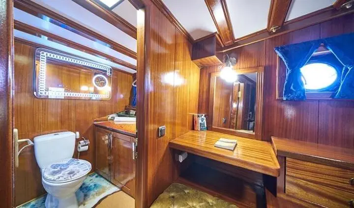 Master cabin with king bed, wood paneling, ensuite doorway, warm lighting