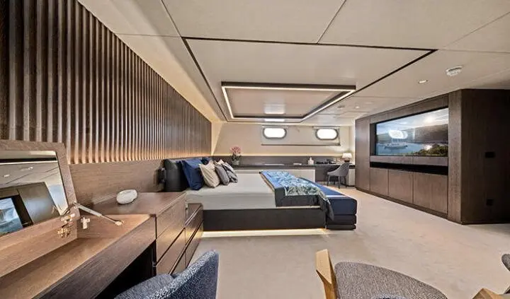 Anima Maris master cabin with king bed and ensuite visible in spacious interior