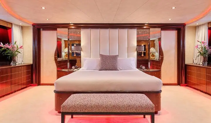 Mobius yacht master cabin with king bed and ensuite visible