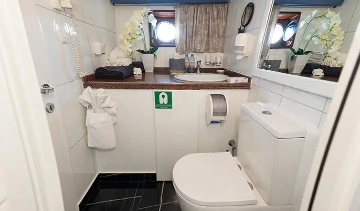 A compact yacht bathroom with toilet, sink, mirror, and storage cabinets