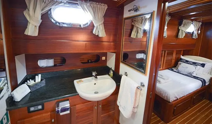 Cozy cabin bathroom on Ros Mare with sink, mirror, and wood panels
