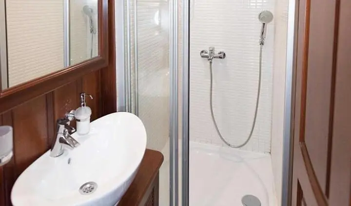 Primadonna cabin: compact ensuite with oval sink and glass shower enclosure
