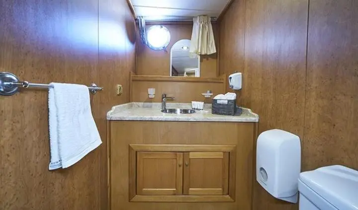 Yacht Morning Star cabin interior with wooden cabinetry, sink, and mirror