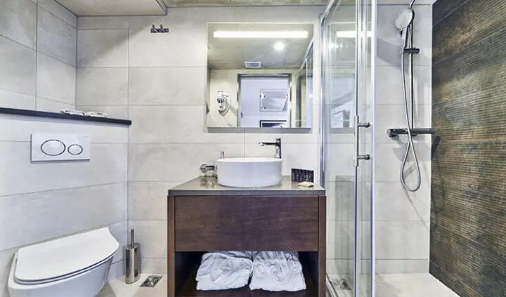 Rara Avis cabin interior with modern vanity, vessel sink, and glass shower on yacht