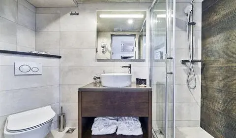 Rara Avis cabin interior with modern vanity, vessel sink, and glass shower on yacht