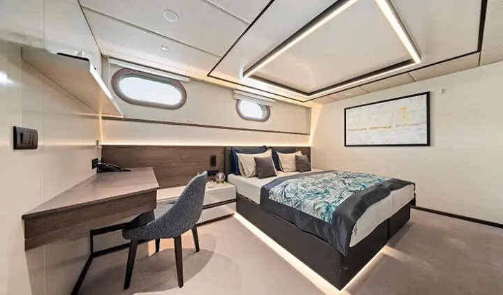 Master cabin aboard Anima Maris with king bed and ensuite layout visible