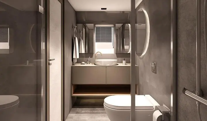 Luxurious yacht cabin with king bed, dark wood, ensuite, and ambient lighting