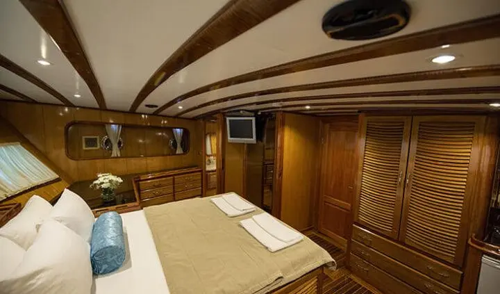 Master cabin with king bed, wood paneling, and ensuite bathroom visible