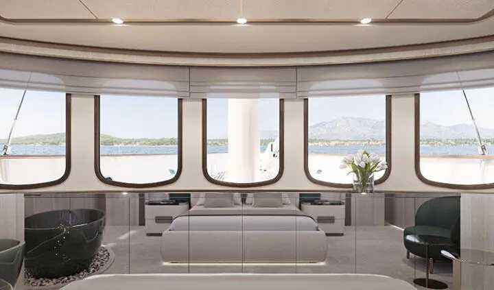 Master cabin with king bed, ensuite, modern wood finish, windows, neutral tones