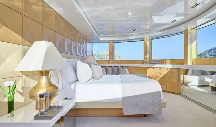 La Pellegrina 1 master cabin with king bed and ensuite, yacht interior view
