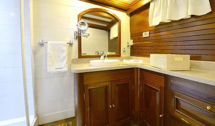 Master cabin with wood vanity, mirror, and beige bedding visible