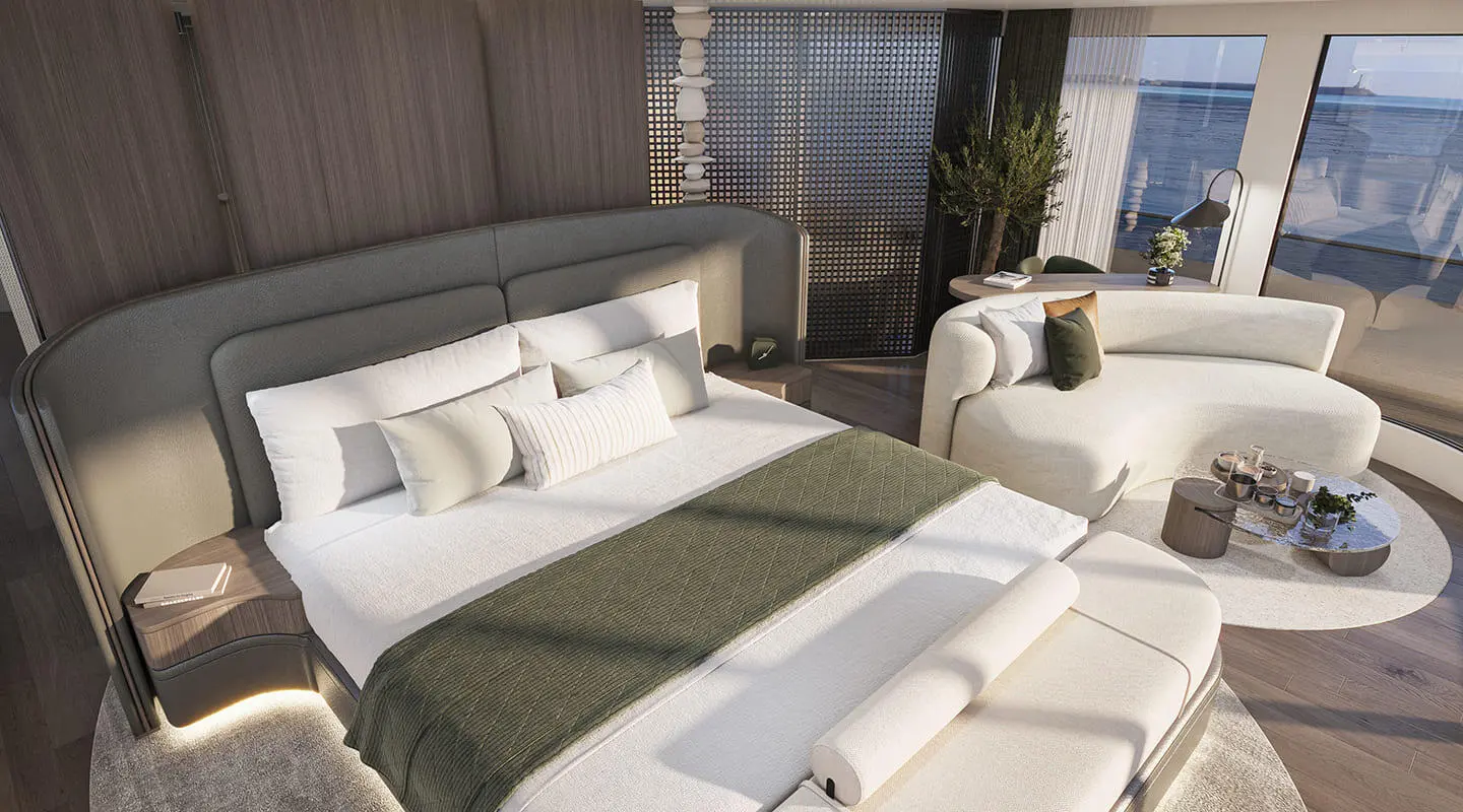 Luxurious yacht Bello deck lounge with white cushions and sunpads, soft lighting