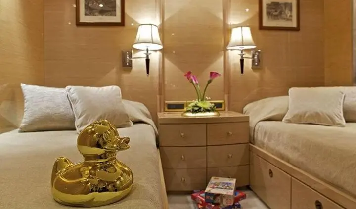 Twin cabin beds with ensuite, rich wood panels and bedside lamps
